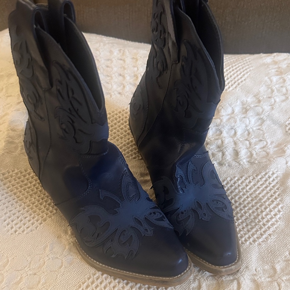 Navy Blue Embossed Western Boots for Women